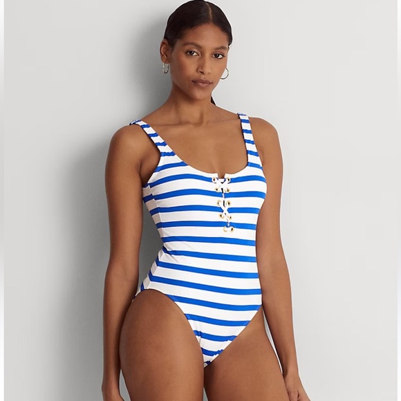 Lauren Ralph Lauren Port Stripe Blue Lace Up Grommet One Piece Swimsuit US 10 - Picture 1 of 7